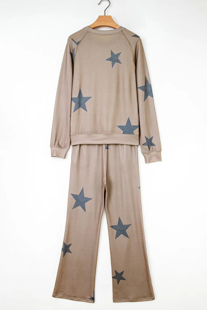 Khaki Retro Star Print Long Sleeve Drawstring Lounge Set - Loungewear & Sleepwear/Loungewear