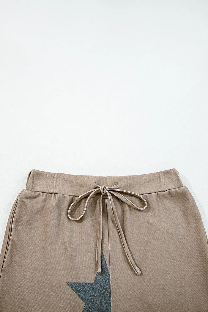 Khaki Retro Star Print Long Sleeve Drawstring Lounge Set - Loungewear & Sleepwear/Loungewear