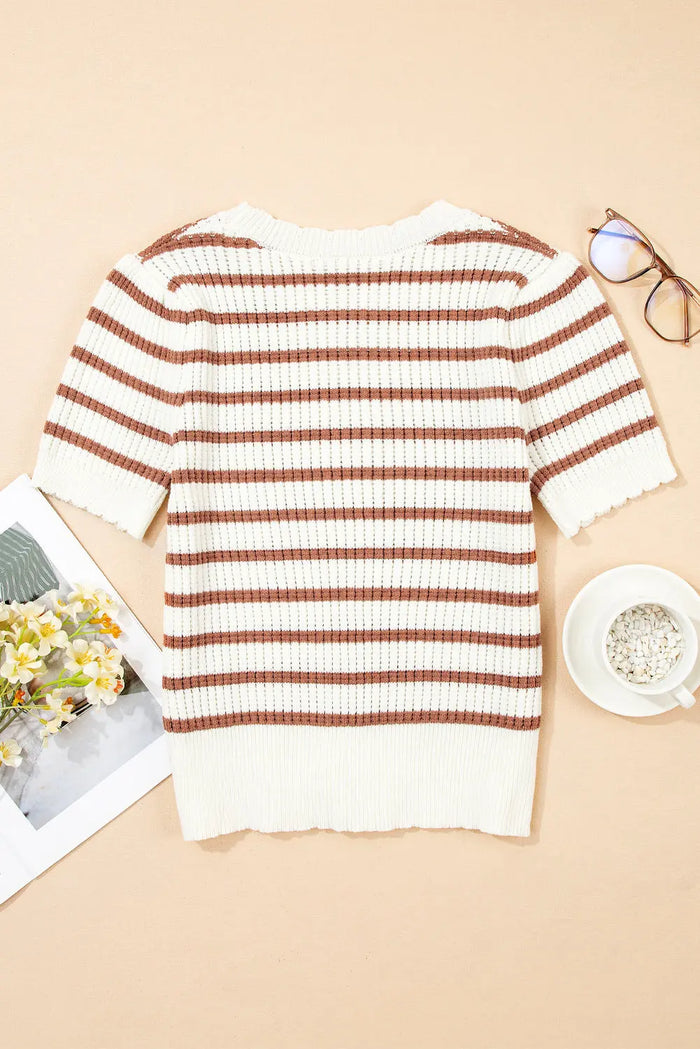 Khaki Stripe Scalloped Round Neck Short Sleeve Sweater - Sweaters & Cardigans/Short