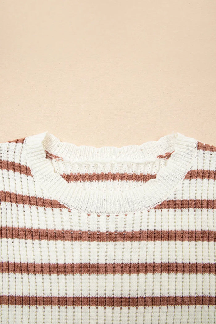 Khaki Stripe Scalloped Round Neck Short Sleeve Sweater - Sweaters & Cardigans/Short