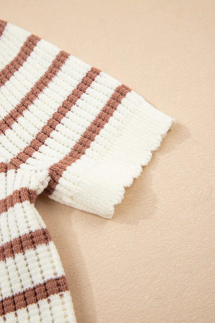 Khaki Stripe Scalloped Round Neck Short Sleeve Sweater - Sweaters & Cardigans/Short