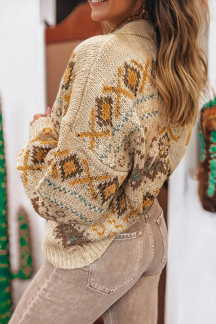 Khaki Western Pattern Knit Button V-Neck Cardigan - Sweaters & Cardigans/Cardigans