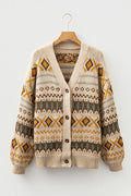 Khaki Western Pattern Knit Button V-Neck Cardigan - Sweaters & Cardigans/Cardigans
