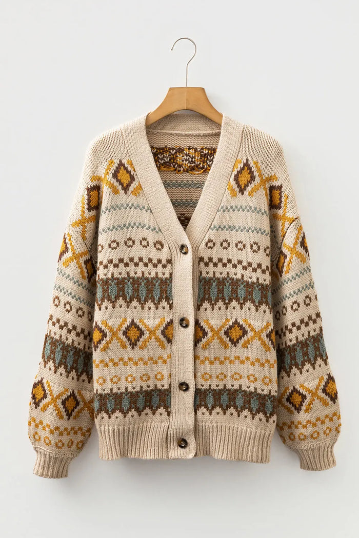Khaki Western Pattern Knit Button V-Neck Cardigan - Sweaters & Cardigans/Cardigans