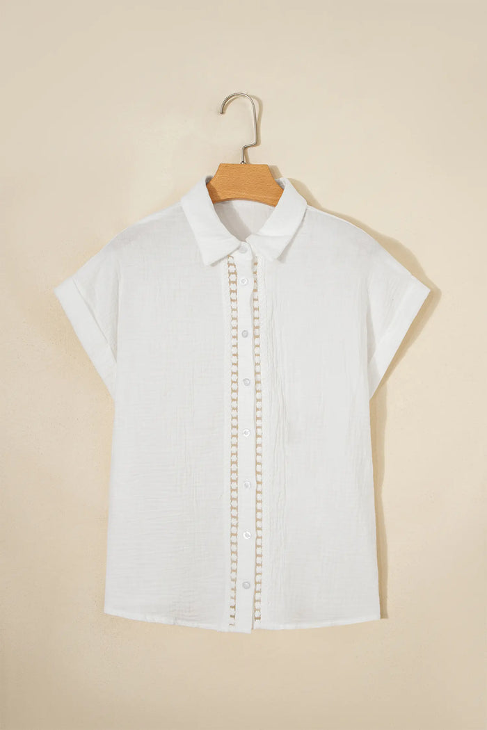 Lace Trim Cuffed Short Sleeve Textured Shirt