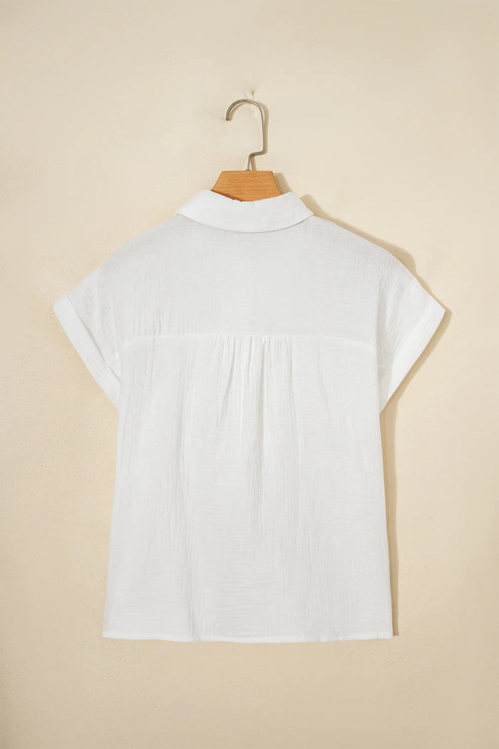 Lace Trim Cuffed Short Sleeve Textured Shirt