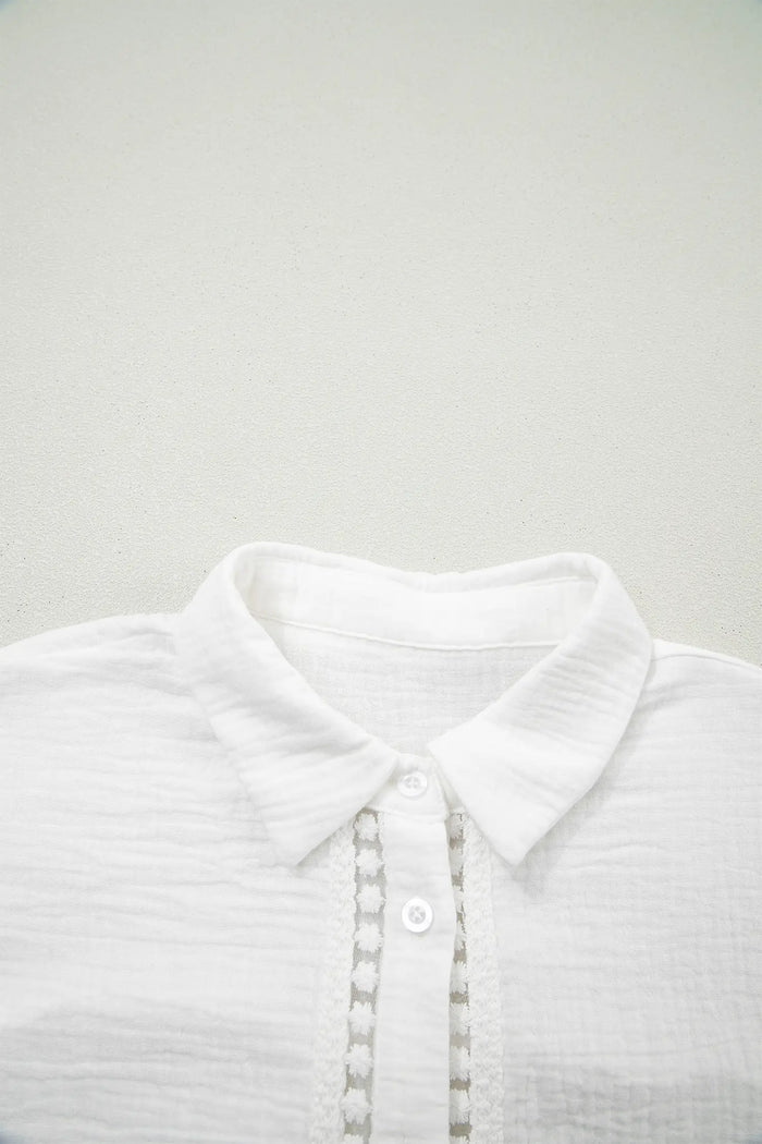 Lace Trim Cuffed Short Sleeve Textured Shirt