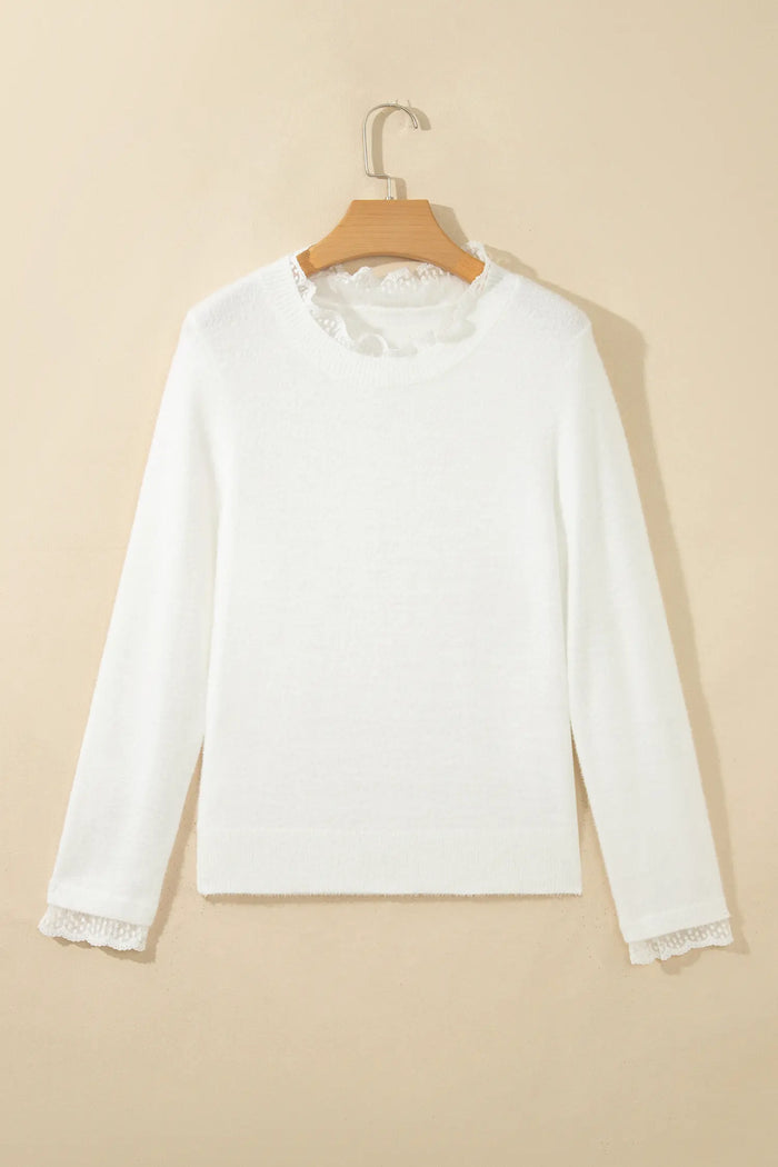 Lace Trim Neck Cuff Patchwork Long Sleeve Pullover Sweater – White
