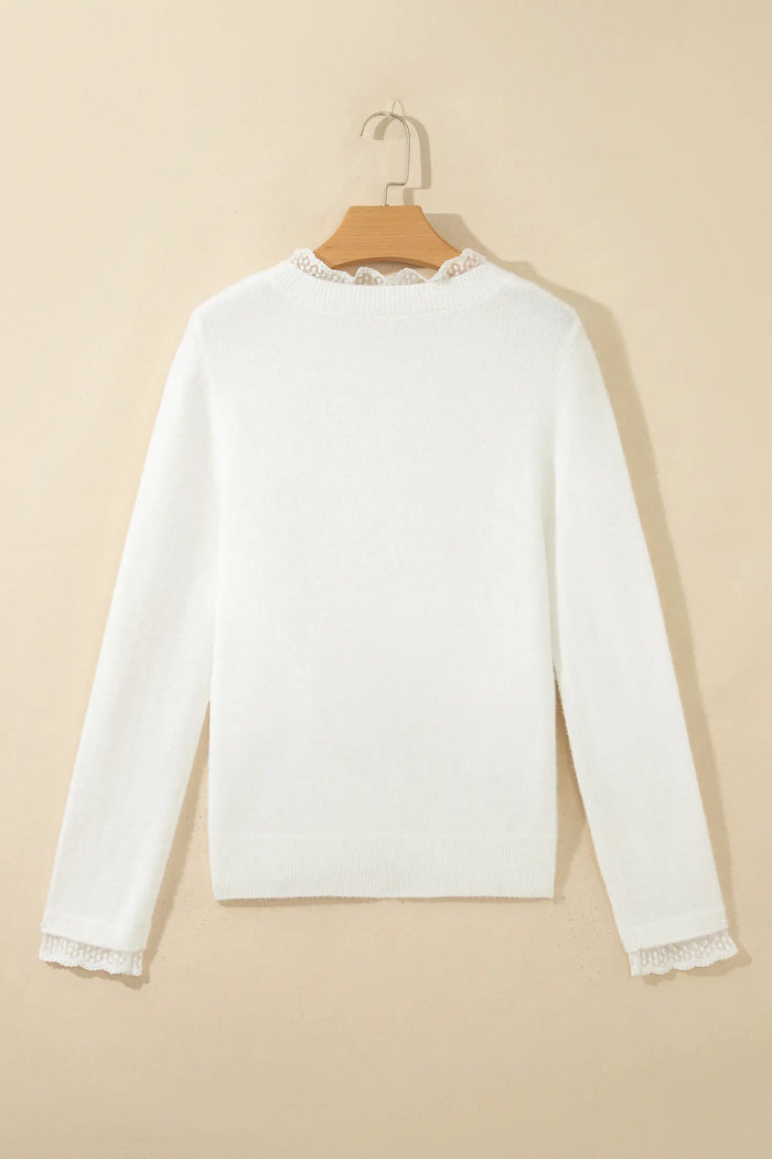 Lace Trim Neck Cuff Patchwork Long Sleeve Pullover Sweater – White