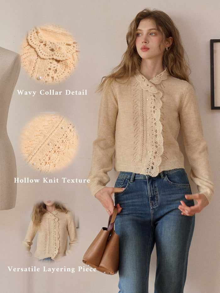 Lauren Wavy Collar Hollow Knit Cardigan