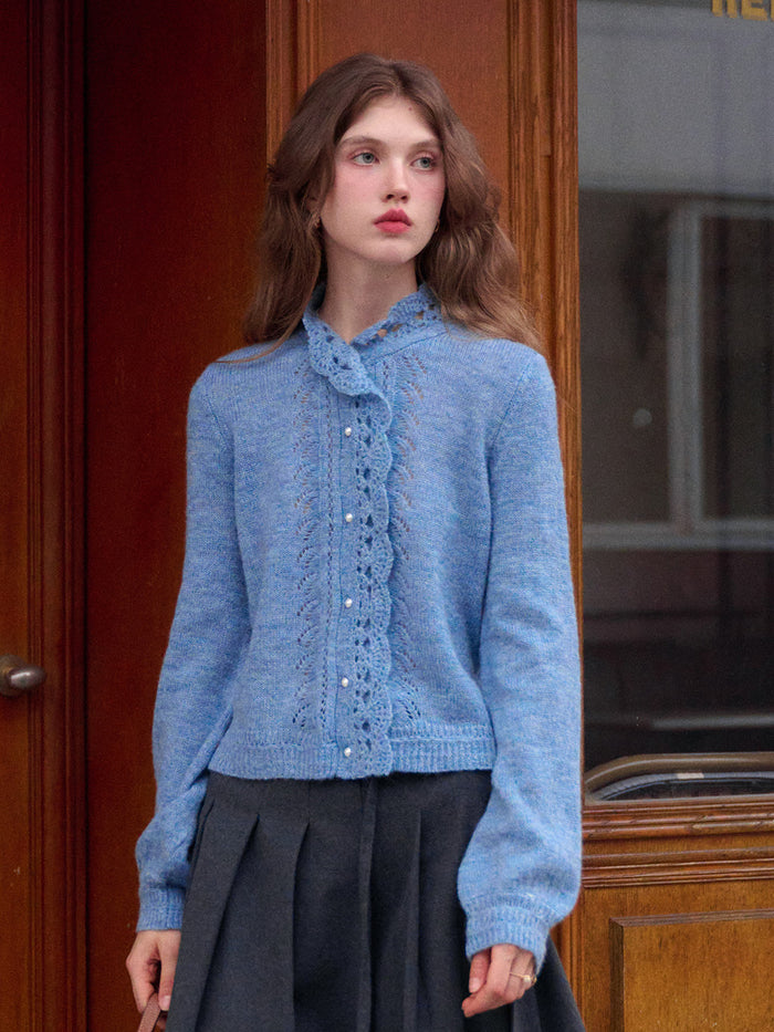Lauren Wavy Collar Hollow Knit Cardigan