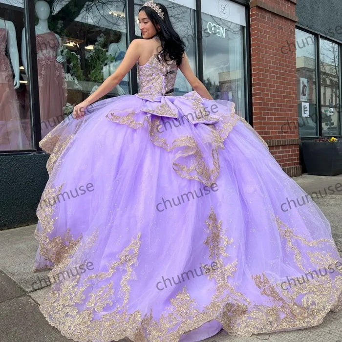 Lavender Sweetheart Princess Quinceanera Dresses Ball Gown Gold Lace Appliques