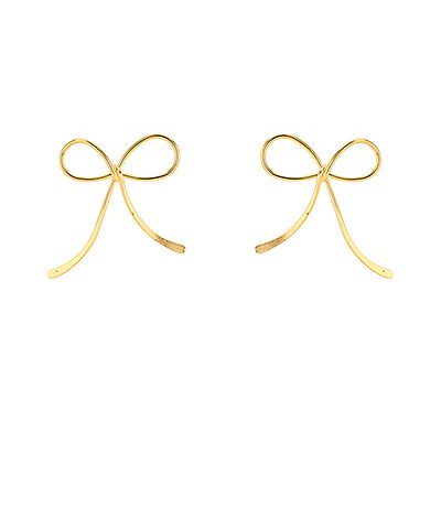 Gold layered bow stud earrings with open ribbon design on a white background from The Pink Doxie Boutique.