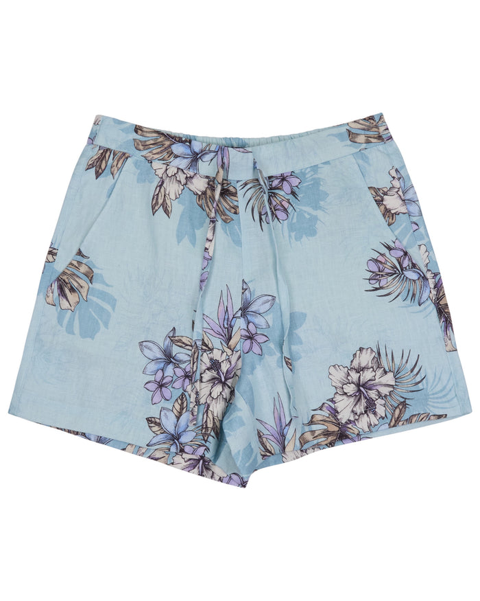 LEANNE EXOTIC FLORAL TEAL WOMENS DRAWSTRING LINEN SHORT