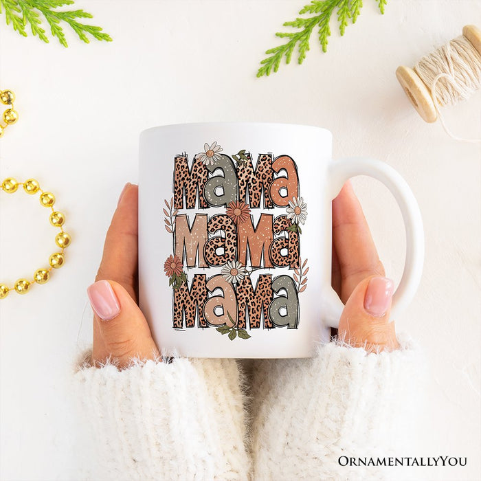 Leopard Mama Floral Mug, Retro Wildflowers Gift for Mothers Personalized Ceramic Mug OrnamentallyYou