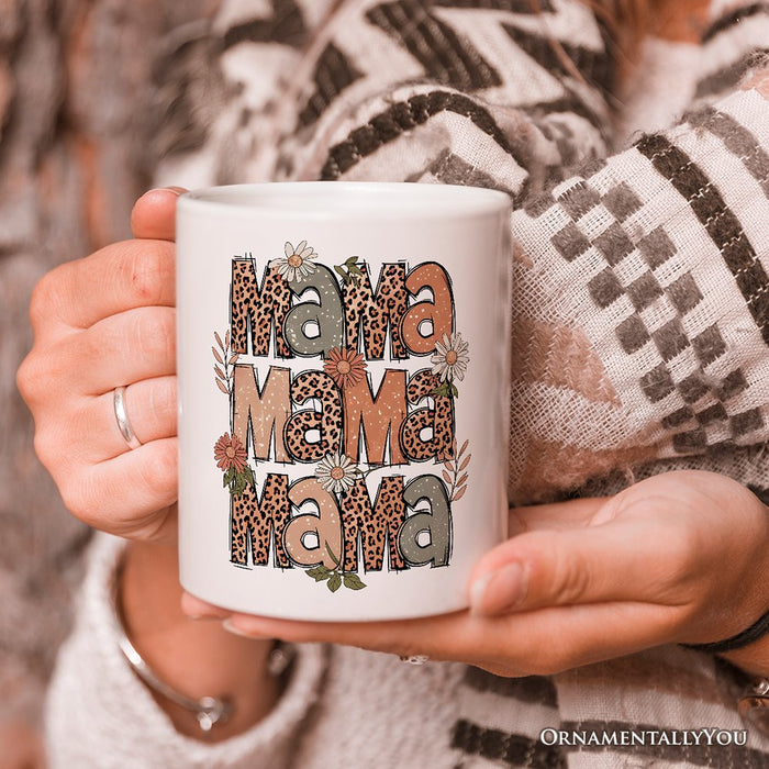 Leopard Mama Floral Mug, Retro Wildflowers Gift for Mothers Personalized Ceramic Mug OrnamentallyYou