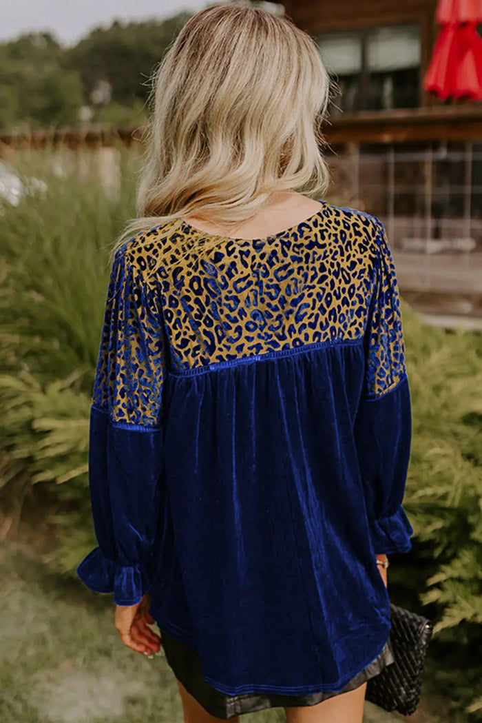 Leopard Patchwork Shoulder Flounce Sleeve Velvet Blouse - Occasionwear/party tops