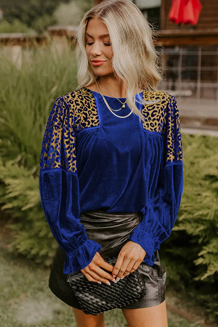 Leopard Patchwork Shoulder Flounce Sleeve Velvet Blouse - Occasionwear/party tops