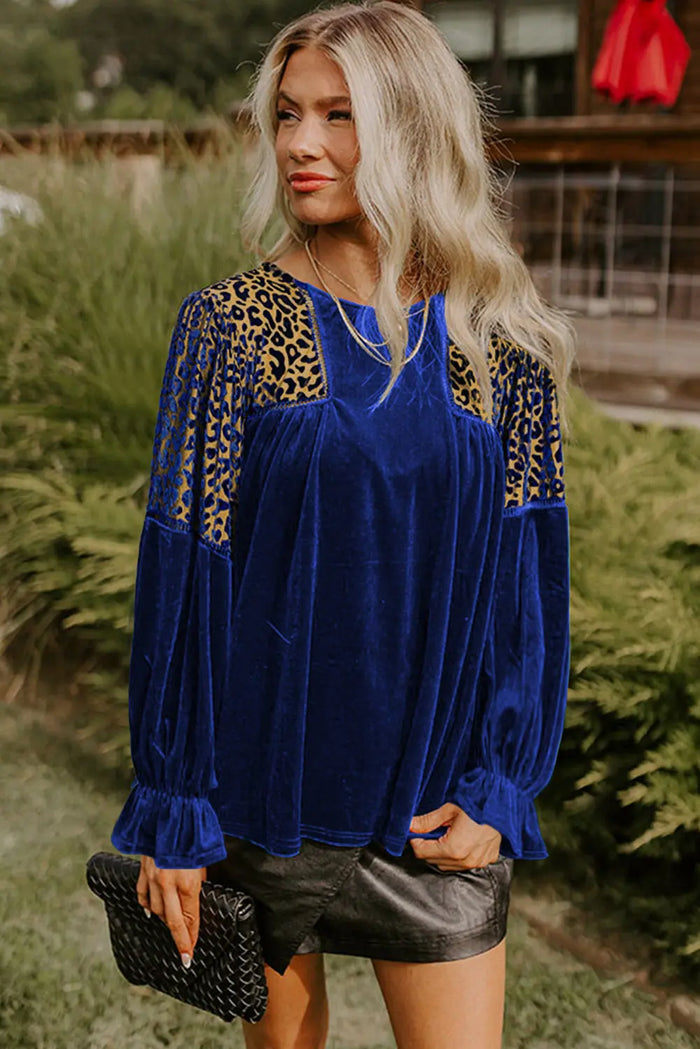 Leopard Patchwork Shoulder Flounce Sleeve Velvet Blouse - Occasionwear/party tops