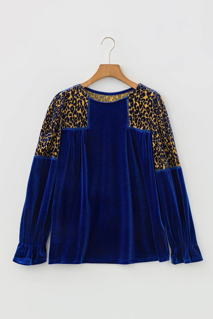 Leopard Patchwork Shoulder Flounce Sleeve Velvet Blouse - Occasionwear/party tops