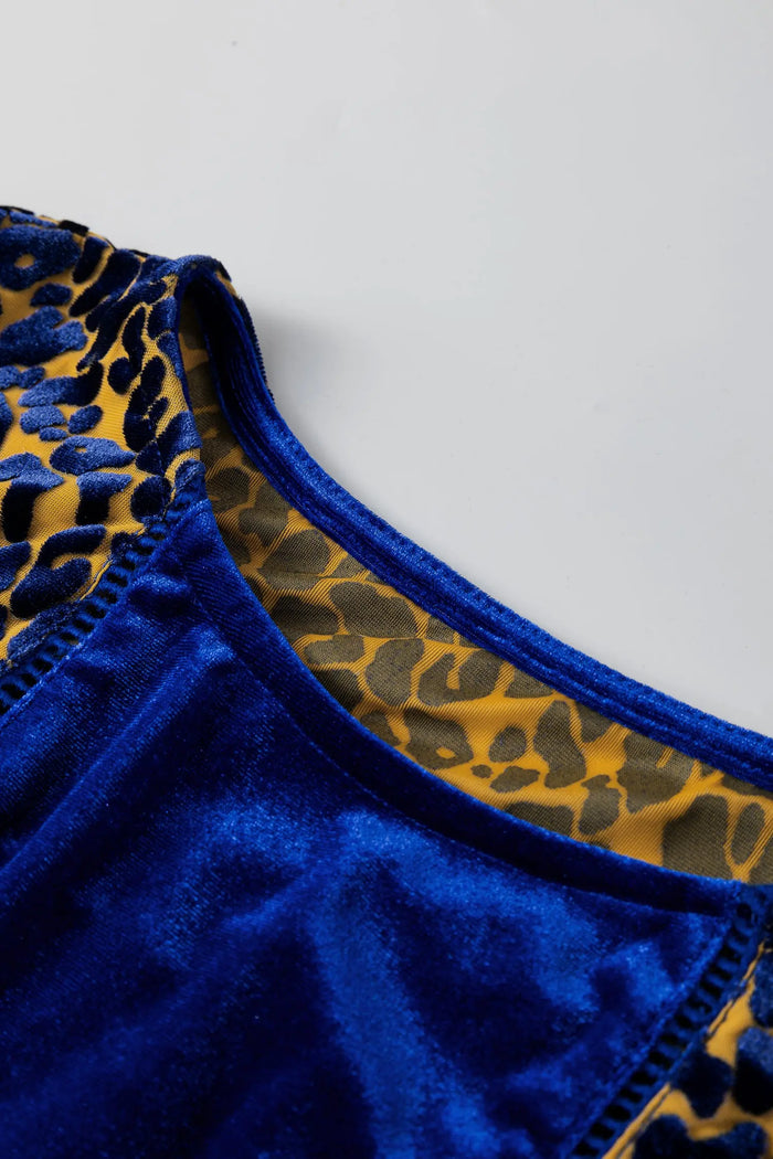 Leopard Patchwork Shoulder Flounce Sleeve Velvet Blouse - Occasionwear/party tops