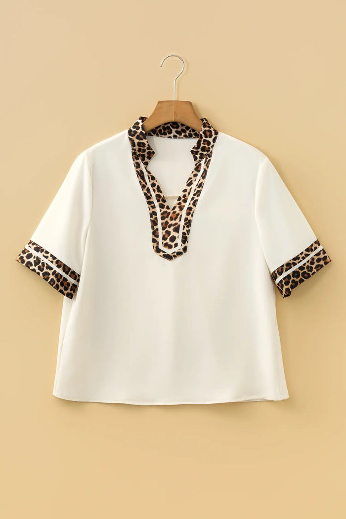 Leopard Patchwork Trim Split Neck Short Sleeve Blouse