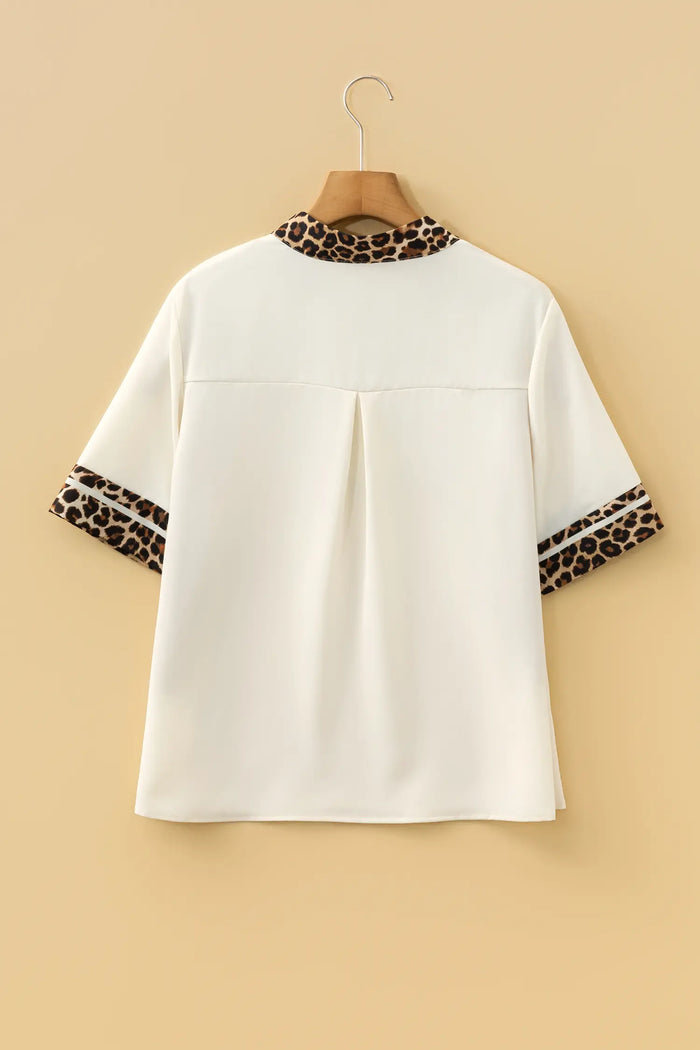 Leopard Patchwork Trim Split Neck Short Sleeve Blouse