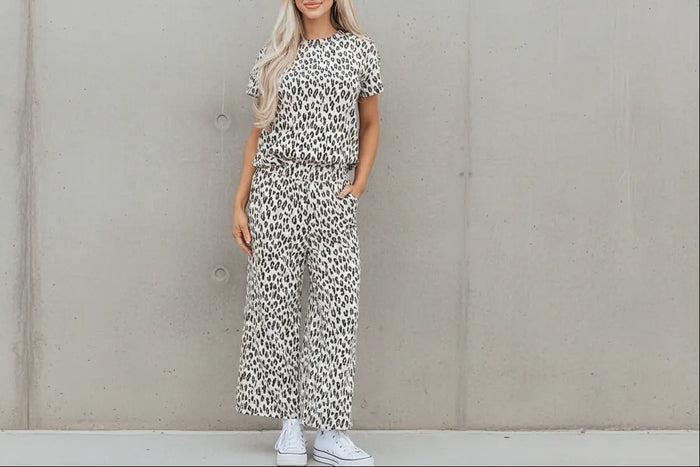 Leopard Print Casual Tee and Pants Co-ord Set