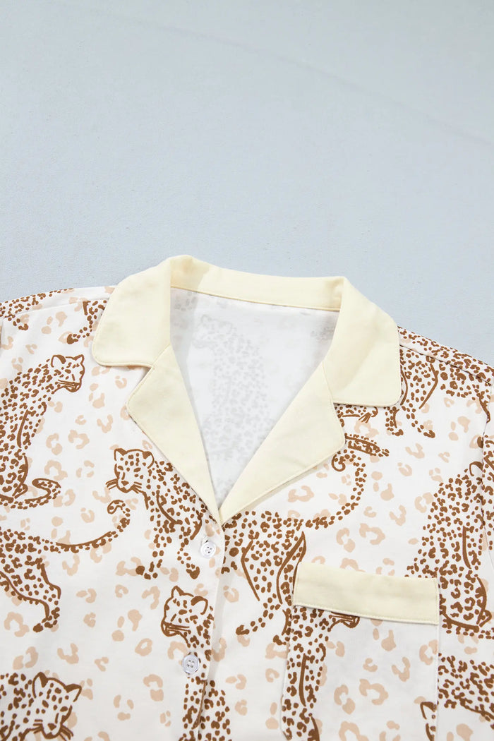 Leopard Print Colorblock Pocket Placket Long Sleeve Lounge Set – Yellow