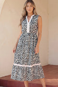 Leopard Print Colorblock Trim Sleeveless Midi Dress – White