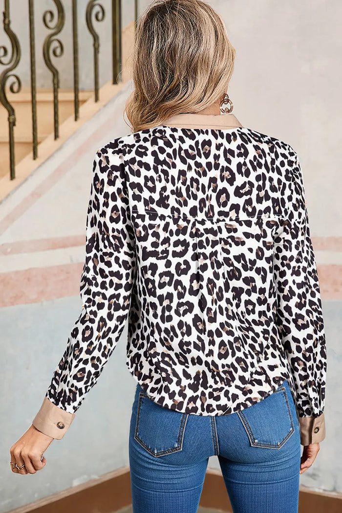 Leopard Print Contrast Patchwork Cuffs Button Collared Top - Tops/Blouses & Shirts