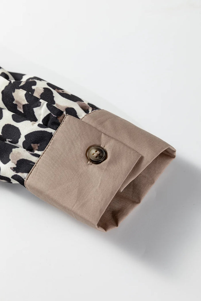 Leopard Print Contrast Patchwork Cuffs Button Collared Top - Tops/Blouses & Shirts