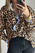 Leopard Print Contrast Striped Frilled Trim Chic Shirt - Brown / S - Tops/Blouses & Shirts