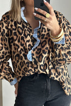 Leopard Print Contrast Striped Frilled Trim Chic Shirt - Brown / S - Tops/Blouses & Shirts