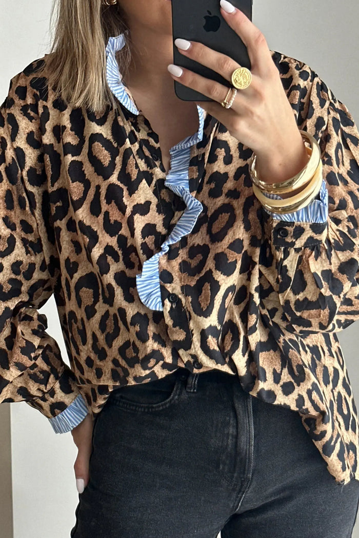 Leopard Print Contrast Striped Frilled Trim Chic Shirt - Brown / S - Tops/Blouses & Shirts