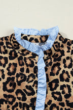 Leopard Print Contrast Striped Frilled Trim Chic Shirt - Tops/Blouses & Shirts