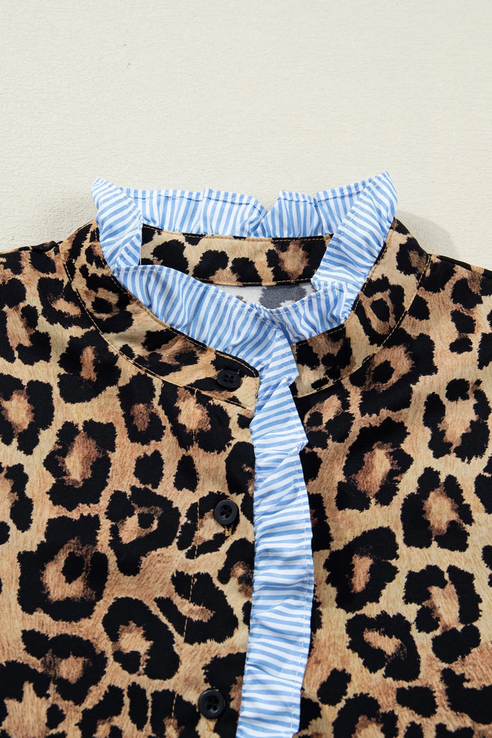 Leopard Print Contrast Striped Frilled Trim Chic Shirt - Tops/Blouses & Shirts