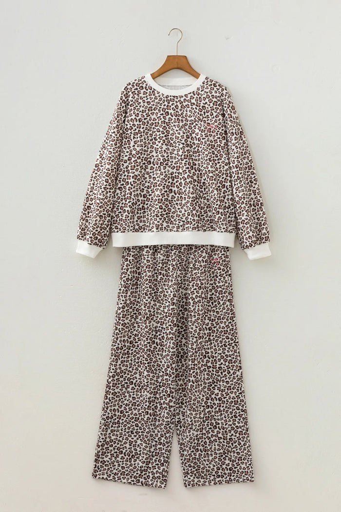 Leopard Print Embroidery Colorblock Details Pant Set – Khaki