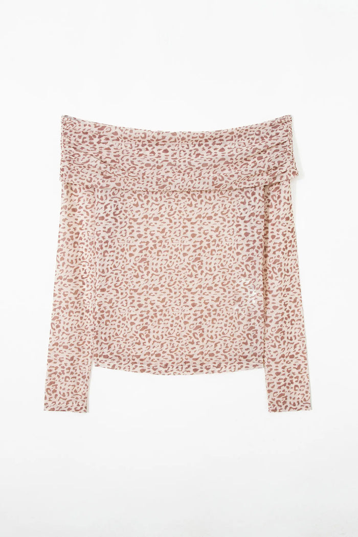 Leopard Print Foldover Off Shoulder Long Sleeve Mesh Top – Brown