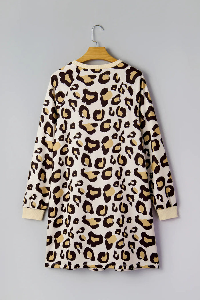 Leopard Print Long Sleeve Shift T-Shirt Dress with Pockets