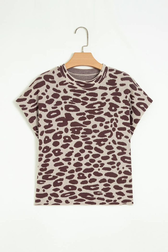 Leopard Print Short Sleeve Knit Loose Pullover Sweater – Khaki