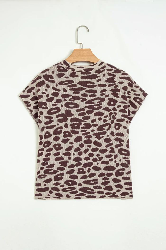 Leopard Print Short Sleeve Knit Loose Pullover Sweater – Khaki