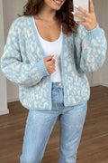Leopard Print V Neck Long Sleeve Loose Fit Knit Cardigan – Light Blue