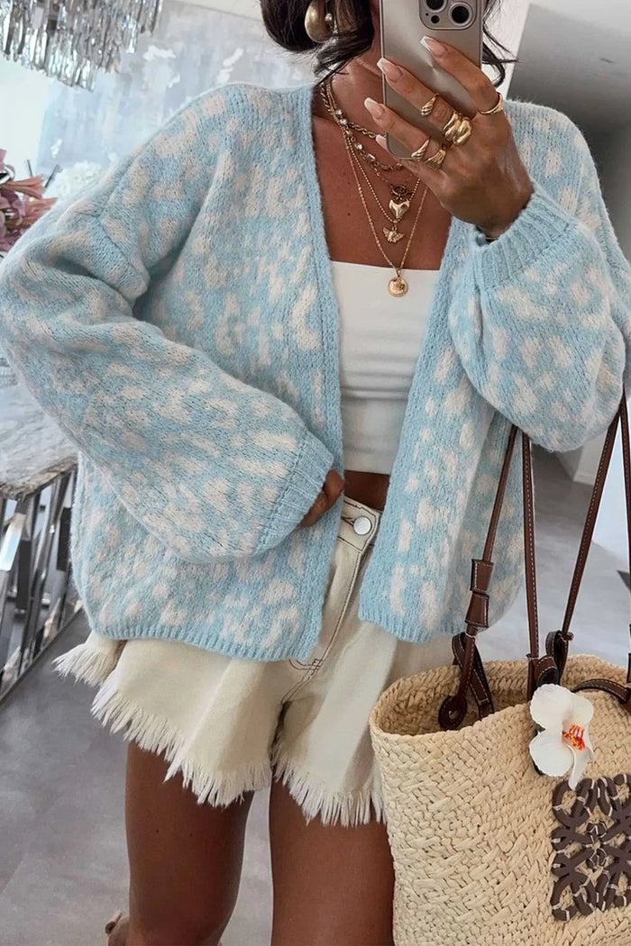 Leopard Print V Neck Long Sleeve Loose Fit Knit Cardigan – Light Blue