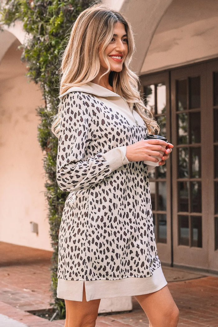 Leopard Print Zip up Collar Patchwork Shift Mini Dress - Dresses/Mini Dresses