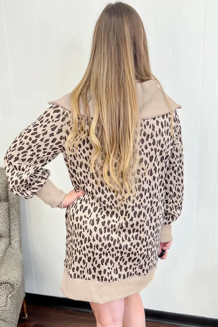 Leopard Print Zip up Collar Patchwork Shift Mini Dress - Dresses/Mini Dresses