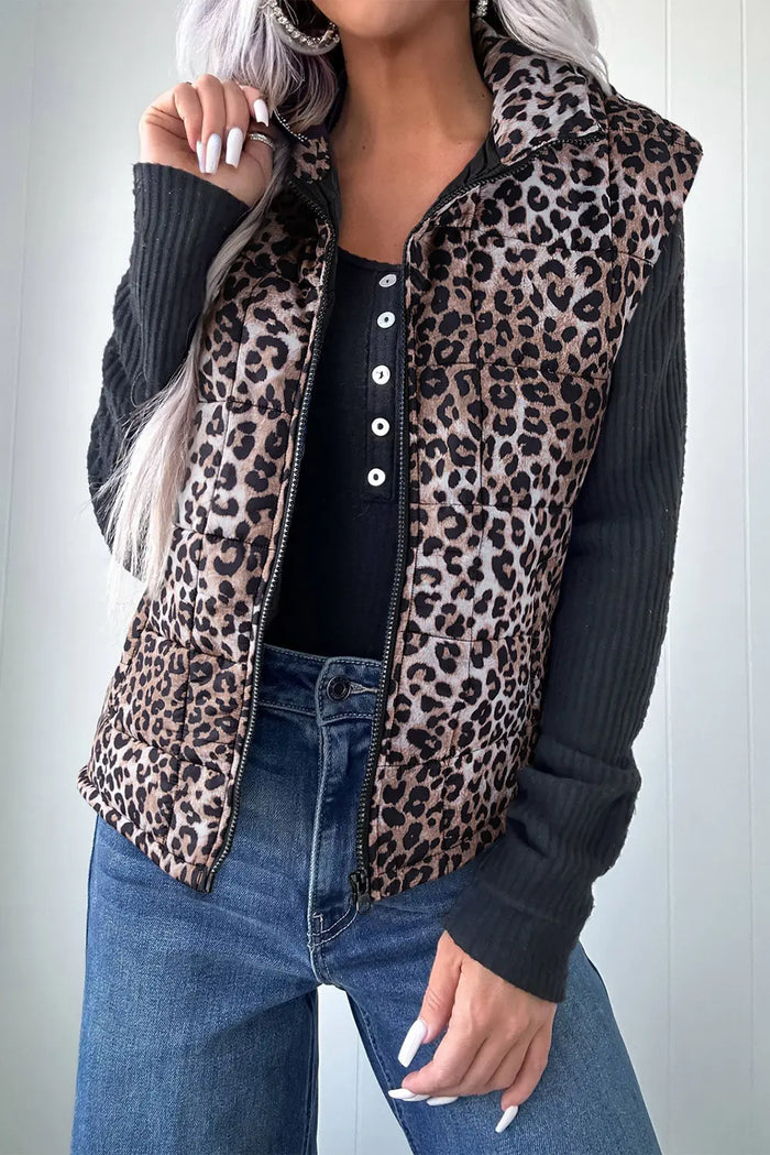 Leopard Quilted Full Zipper Casual Puff Vest – Brown