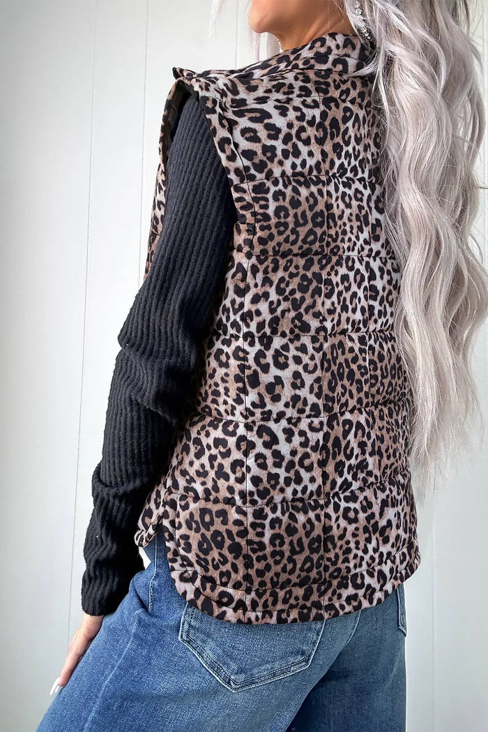 Leopard Quilted Full Zipper Casual Puff Vest – Brown
