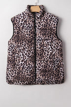 Leopard Quilted Full Zipper Casual Puff Vest – Brown