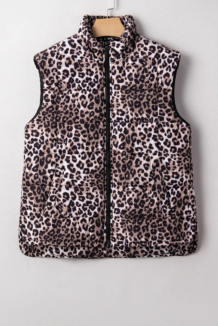 Leopard Quilted Full Zipper Casual Puff Vest – Brown